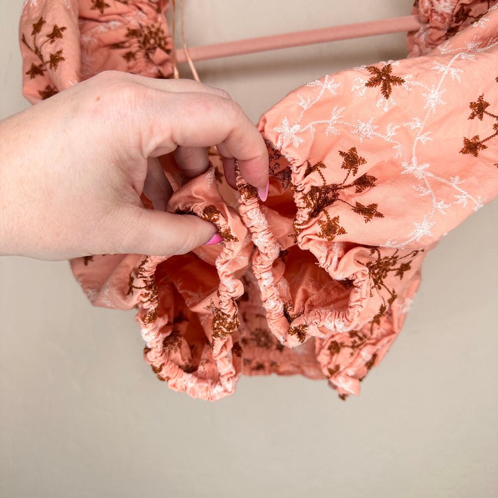 Zara Voluminous Puff Sleeve Floral Embroidered Peach Salmon Pink Crop Top Small - Picture 9 of 13